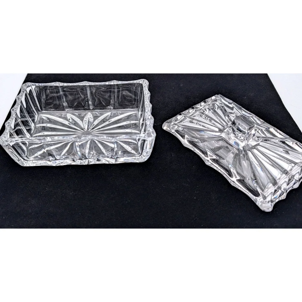 Vintage Clear Pressed Glass Trinket Box Starburst Sunburst Rectangular Lid 5in